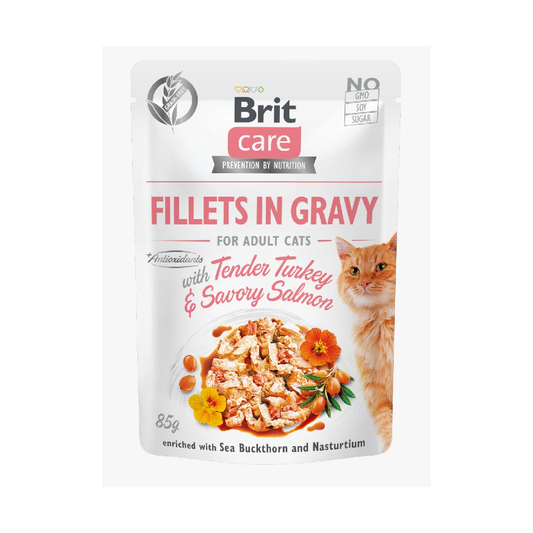 Brit Care Cat Fillets in Gravy with Tender Turkey and Savory Salmon 85 GR